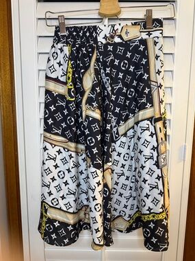 Designer Monogram Midi Skirt in Black, White & Gold